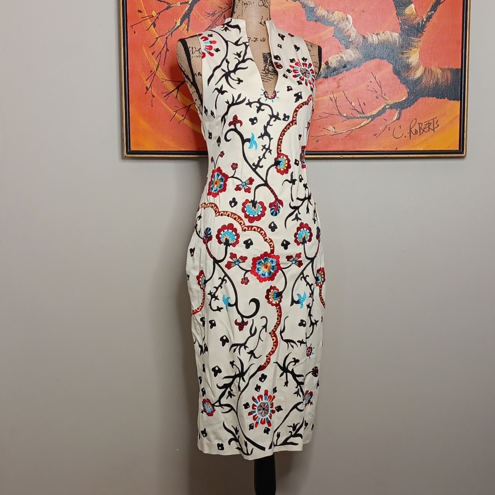 Alice + Olivia White Midi Dress with Multicolor Embroidery